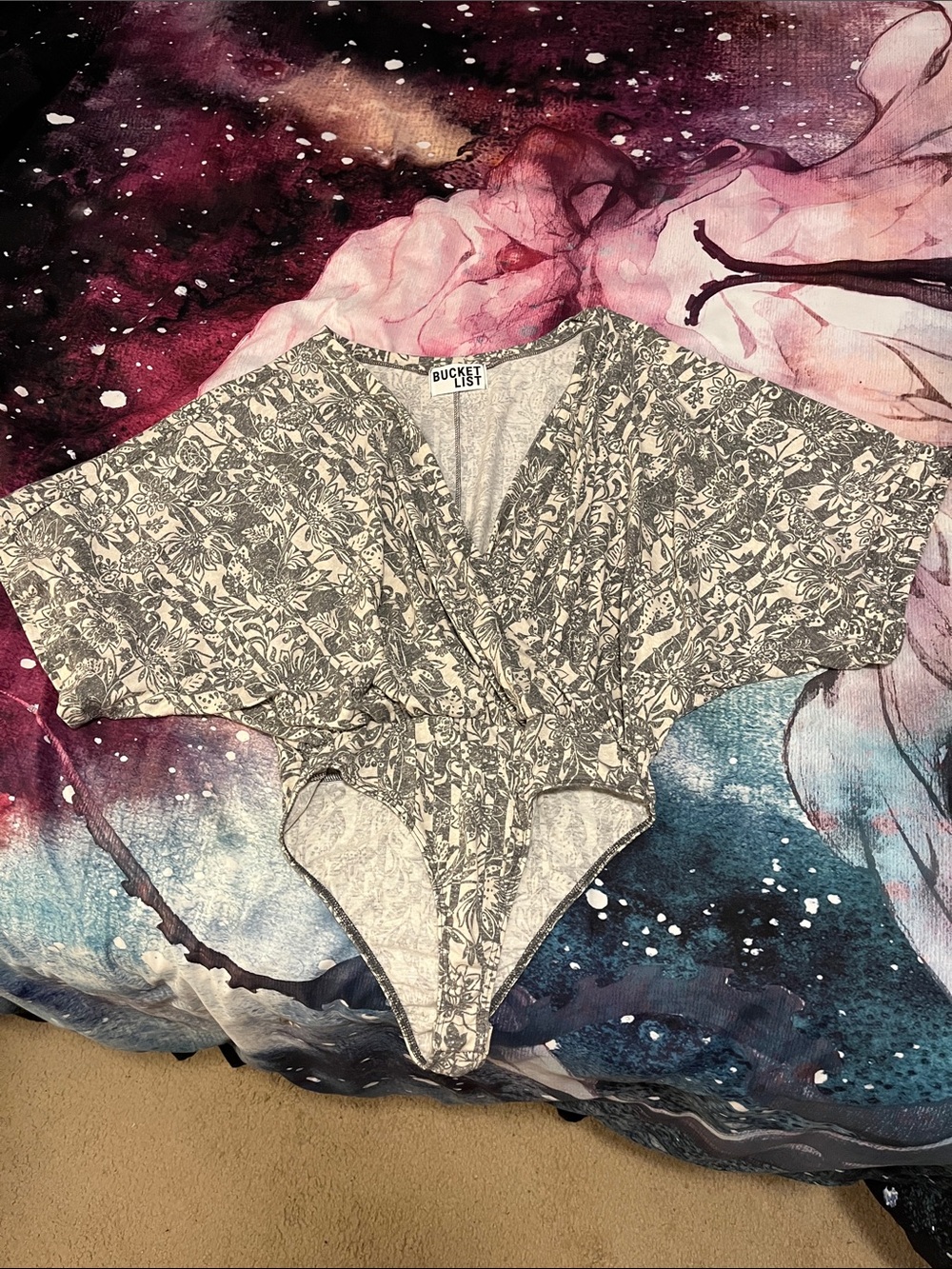 BUCKETLIST Gray Floral Wrap Bodysuit Top
